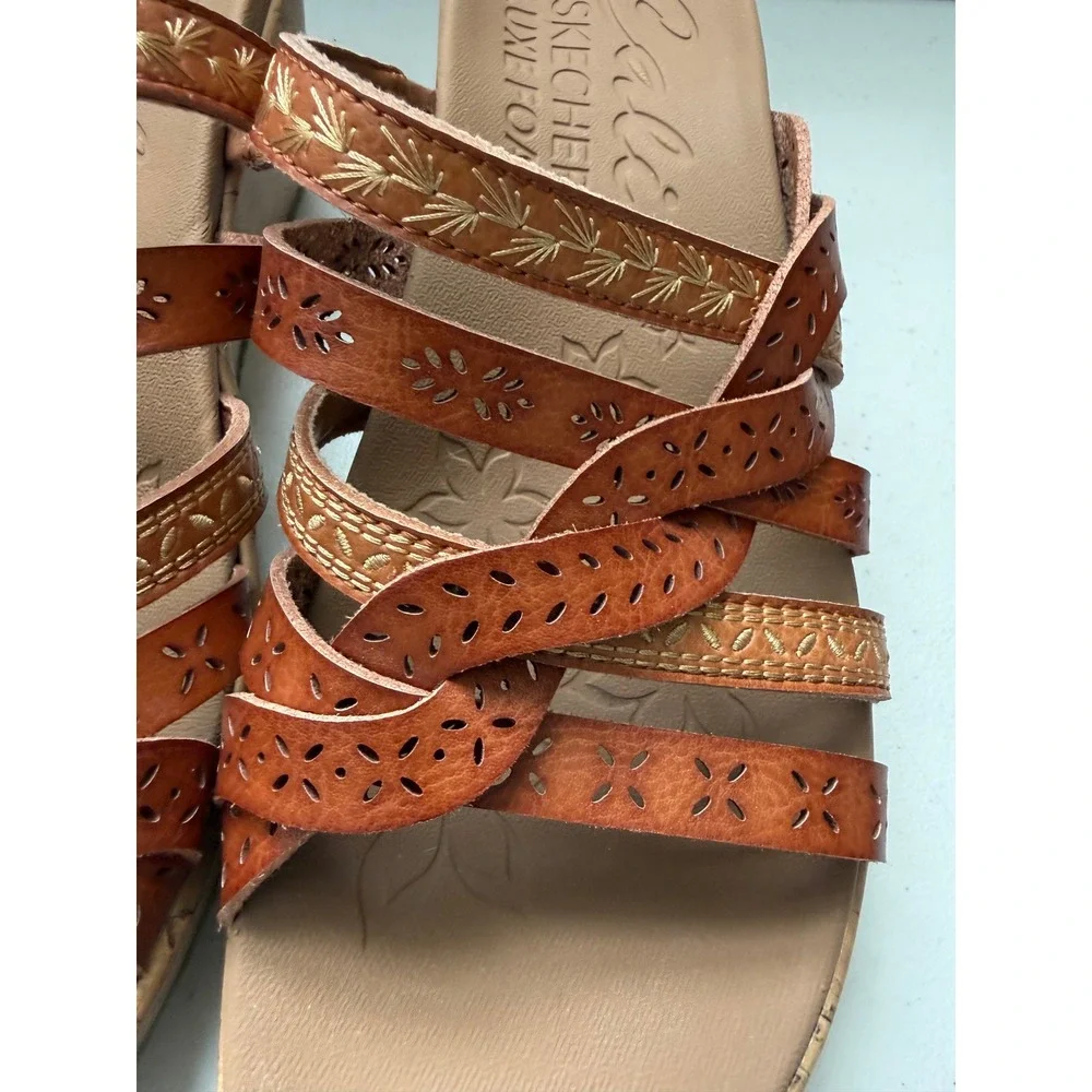 Skechers Cali Luxe Foam Womens Brown Strappy Cork Wedge Sandals Sz 8